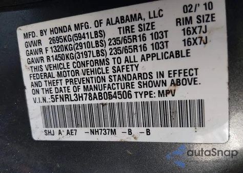 2010 Honda Odyssey Ex-L z USA, uszkodzony, nr VIN 5FNRL3H78AB054506
